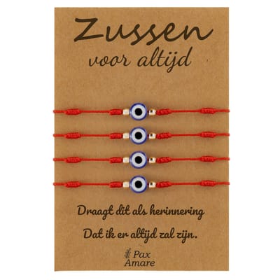 Vriendschapsarmbandjes voor 4 "Zussen voor altijd" - Red Eye - Sisters Armbandjes met Cadeau Kaartje - Rood - Elastisch Verstelbaar - Pax Amare