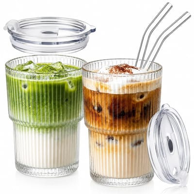 Dailygoods- Glazen Beker 400ml - Glazen Smoothiebeker - Glazen Beker met Deksel - Glazen Beker met Rietje - Luchtdicht Waterdicht Design - 2 Stuks