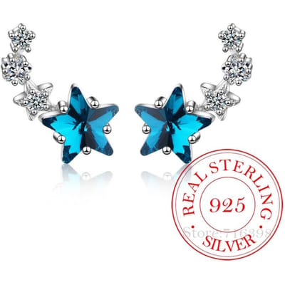 Boucles d'oreilles à tige en argent sterling 925 avec étoile en zircone bleue tendance pour femmes - Bijoux en argent sterling - Boucles d'oreilles à clous en cristal mignon et petit blue