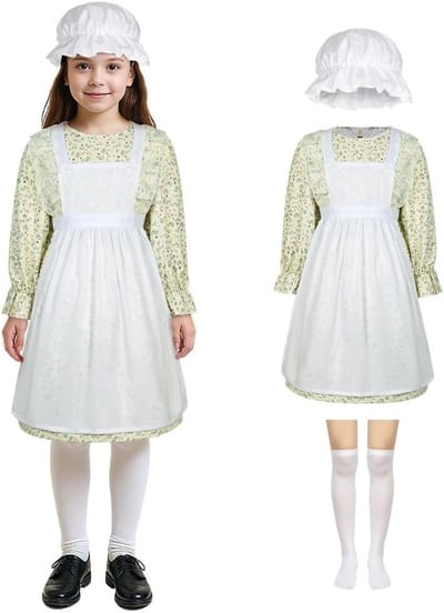 Medieval Meisjes Kostuum met Bloemenpatroon - 4-delig Outfit voor Halloween, Cosplay en Feestjes met Hoed, Kousen en Schort