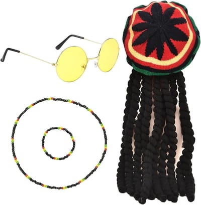 Reggae Kostuum Accessoires Set met Dreadlocks Peruk, Gele Zonnebril, Armband en Ketting voor Halloween en Feestjes