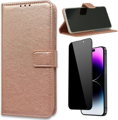 Casemania Hoesje Geschikt voor Apple iPhone 15 Rosegoud & Privacy Screenprotector- Portemonnee Book Case - Kaarthouder & Magneetlipje