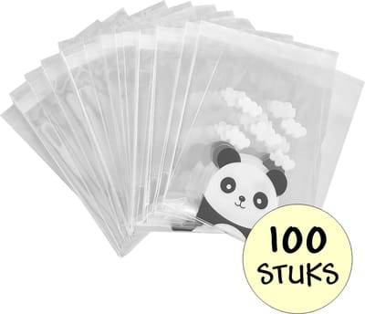 100x Cellofaan Zakjes - 100 Stuks Transparante Uitdeelzakjes - Cellofaan Plastic Traktatie Kado Zakjes - Snoepzakjes - Panda - 10x10 cm