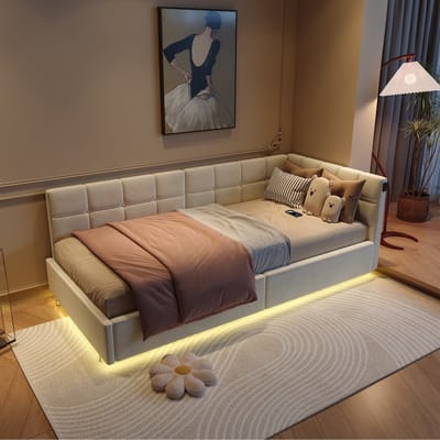 Hydraulische slaapbank, eenpersoonsbed van 90 x 200 cm met ledverlichting en USB-poorten, fluwelen bekleding, zonder matras, verzonden in 2 pakketten