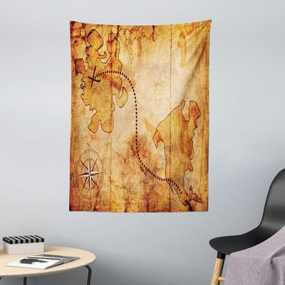 ABAKUHAUS Vintage Wandtapijt, Treasure Map Compass van Soft Microfiber Fabric Wasbaar zonder vervagend digitaal print, 110 x 150 cm, beige