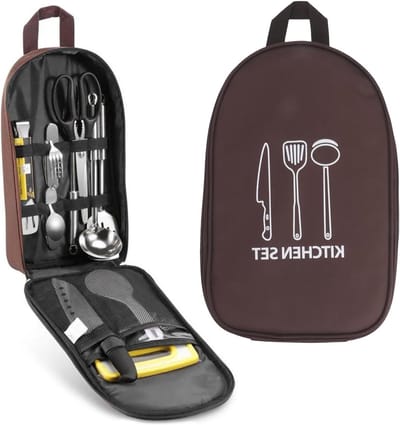 Praktische snijgereedschap tas voor kamperen met 2-weg rits, mesh pocket en opbergruimte voor picknickaccessoires en kookgerei