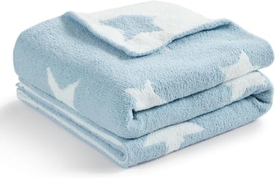 Chenille Babydeken voor Jongens en Meisjes, Behaaglijk en Zacht, Warm Cadeau voor Pasgeboren Peuters - Sterpatroon in Blauw - 75 x 100 cm
