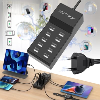 USB oplaadtoren - Laadstation - TENZHVXI® - 50W - 10 USB-A-poorten - Ultrasnel opladen - Voor mobiele telefoon, tablet, USB ventilator, externe batterij - Universeel - 13,6 x 6 x 3,3 cm - Zwart