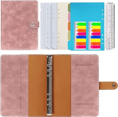notitieboek, ringband, a5, navulbaar notitieboek, dagboek, gestippeld, echt leer, binnenvak voor reiswerk en organizer, cadeau voor meisjes en jongens (roze, 23 x 17 cm)
