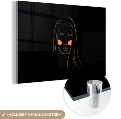 MuchoWow® Glasschilderij 120x80 cm - Schilderij acrylglas - Vrouw - Goud - Roze - Line art - Foto op glas - Schilderijen