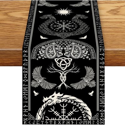 Nordische Viking Vogels Mythologie Raaf Helm van Ontzag Tafelkleed Huis Tafeldecoratie Herbruikbaar Keuken Eettafelkleed Feestdecoratie 150x33cm brown