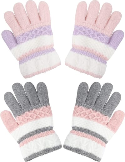 2 Paar Kinderen Winter Volledige Vinger Handschoenen - Warme Gebreide Thermische Handschoenen voor Jongens en Meisjes van 4-10 Jaar, Kleurige Winteraccessoires
