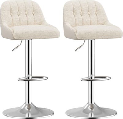 COLAMY - Set van 2 draaibare barkrukken - moderne in hoogte verstelbare barkrukken van beklede stof - met gestoffeerde rugleuning - hoogteverstelbaar - geschikt voor bar, keukeneiland en eetkamer - beige