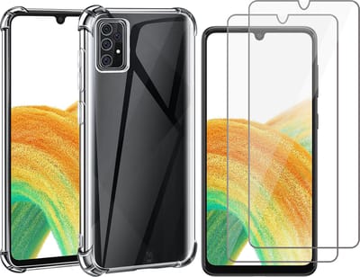 Hoesje geschikt voor Samsung Galaxy A33 - Anti Shock Proof Siliconen Back Cover Case Hoes Transparant - 2x Tempered Glass Screenprotector