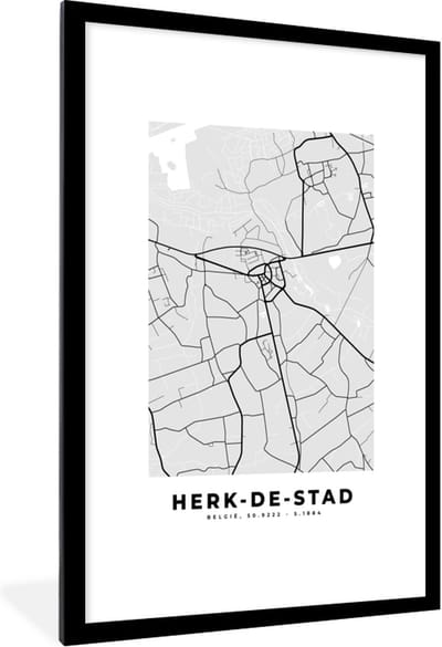 Fotolijst incl. Poster Zwart Wit- Stadskaart – Plattegrond – België – Zwart Wit – Herk de Stad – Kaart - 80x120 cm - Posterlijst