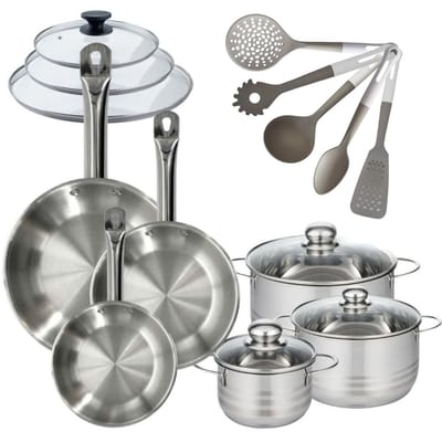 Set van 3 roestvrijstalen pannen 20/24/28 cm + deksels Fackelmann Eterna met 3 braadpannen 16/20/24 cm en 5 keukengerei