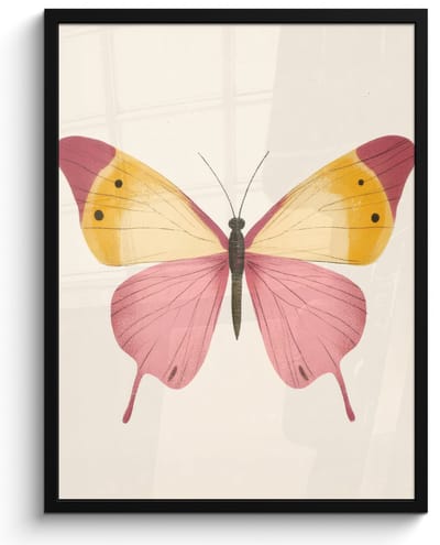 Poster in lijst - Fotolijst 50x70 cm - Posters - Vlinder - Illustratie - Roze - Posterlijst zwart - Decoratie - Wanddecoratie woonkamer - Muurdecoratie slaapkamer