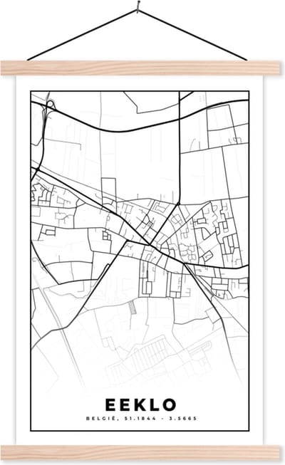 Posterhanger incl. Poster 40x60 cm - Schoolplaat - Zwart Wit – België – Plattegrond – Stadskaart – Kaart – Eeklo - Textielposter - Blanke latten - Stadskaart
