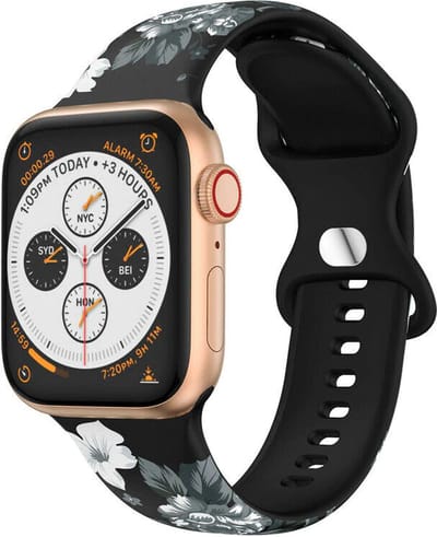 Strap-it Siliconen band met print - Geschikt voor Apple Watch bandje - Series 1/2/3/4/5/6/7/8/9/10/11/SE/SE2/SE3 - Grey Flowers - Bandje siliconen met print - iWatch bandje voor maat: 38 / 40 / 41 / 42mm