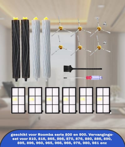 Complete accessoireset, geschikt voor Roomba serie 800 en 900. Vervangingsset voor 810, 816, 865, 866, 870, 876, 880, 886, 890, 895, 896, 960, 965, 966, 966, 976, 980, 981 enz.
