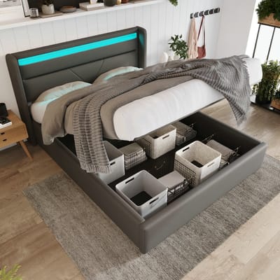 VVBV Gestoffeerd Bed met Opbergruimte 140x200 cm - Hydraulische Opbergruimte, Afstandsbediening, Voor Hal/Entree - Grijs