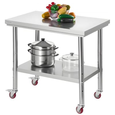 VEVOR RVS werktafel/keukentafel (90 x 60 cm) voor voedselbereiding met wielen, voorbereidingstafel met verstelbare onderplank voor commerciële keukens, restaurants, hotels, garages en buitengebruik
