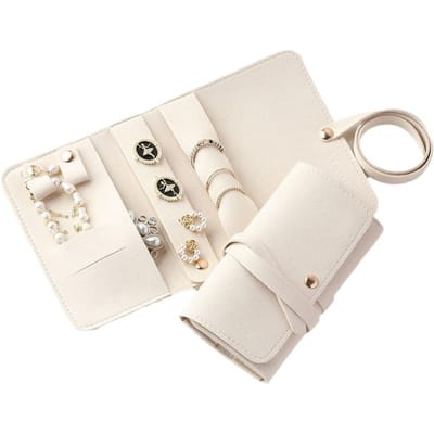 Organisateur de Bijoux Léger Roulé Étanche Pliable Sac de Rangement de Voyage pour Femmes Filles Colliers Bagues Boucles d'Oreilles Bracelet blanc