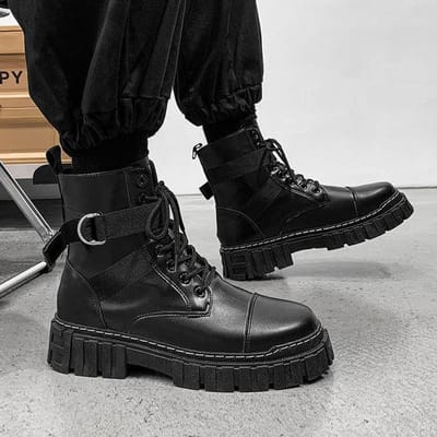 Hoge Motorlaarzen Mid-Hoge Leren Laarzen Winter Plus Fluweel Herfstschoenen Effen Kleur Heren Waterdicht Britse Stijl 39 zwart