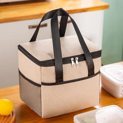 Sac à lunch en toile avec cordon de serrage, isolation et conservation au froid, grande capacité, pour le camping, les étudiants et les employés de bureau beige