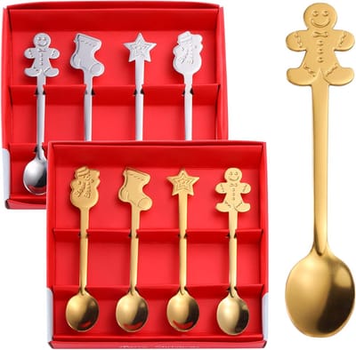 8 STKS Kerst Koffie Lepels, Zilver+Goud, Kerst RVS Theelepels Set, Xmas Hanger Koffie Roeren Lepel Thee Lepel Dessert Lepels, Geschenk verpakt, Xmas Kous Vulstoffen