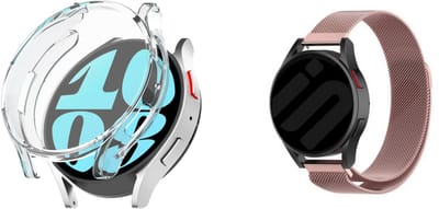 Strap-it Milanese Band + TPU Case Transparant - Geschikt voor Samsung Galaxy Watch 6 40mm - RVS Stalen Band - Magnetische Sluiting - Roze - Samsung Galaxy Watch Bundel - Luxe & ademend ontwerp
