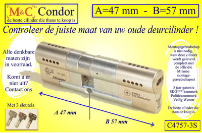 M&C Condor - High Security deurcilinder - SKG*** - 47x57 mm - Politiekeurmerk Veilig Wonen  -  inclusief Milanne gereedschap montageset