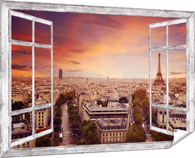 Gards Tuinposter Doorkijk Skyline Parijs met Eiffeltoren - 180x120 cm - Tuindoek - Tuindecoratie - Wanddecoratie buiten - Tuinschilderij