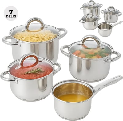 Lomera RVS Pannenset - Inductie Geschikt - 7-Delig - Glazen Deksels - Ergonomische Handvaten - Kookpannenset - Ø 16 - 18 - 20 - 24 cm - Complete Set - Stoomgat Deksel - Geschikt Voor Alle Warmtebronnen - Steelpan - Kookpan Met Deksel