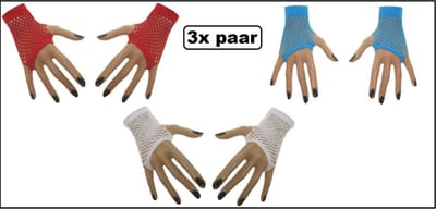 3x Paar Nethandschoen kort vingerloos rood/wit/blauw - Koningsdag WK themafeest party sport festival