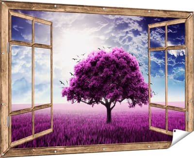 Gards Tuinposter Kleurrijke Bloemenveld met een Windmolen - 90x60 cm - Tuindoek - Tuindecoratie - Wanddecoratie buiten - Tuinschilderij
