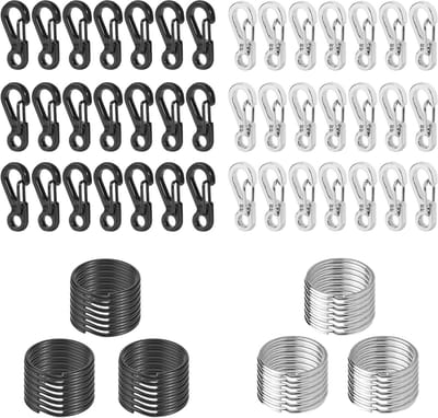 Mini Carabiner Hooks Set van 42 Stuks met Sleutelhangers voor Kamperen, Reizen en Wandelen (Zwart en Zilver)