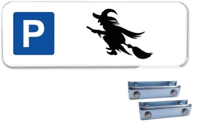 Parkeerbord Heks - Weerbestendig Aluminium - 40x15 cm - Bevestiging: Met hekbeugels (voor spijlen- of gaashek)