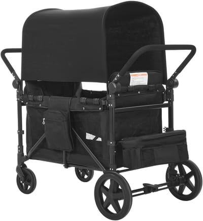 Opvouwbare kinderwagen voor 4 kinderen, duw- en trekontwerp met verstelbare handgreep, veilige 5-puntsgordel en afneembare kap, 4 zitplaatsen voor buitenavonturen, zwart (draagvermogen 150 kg)