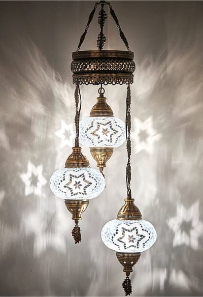 Turkse hanglamp - mozaïek wit - 3 glazen bollen - handgemaakt - sfeervolle verlichting