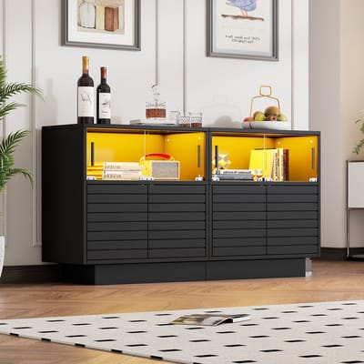 Wishdor Zwart Dressoir met LED Vitrine & Glazen Schuifdeuren 130x35 cm - Kast met Latten Design - Audiomeubel