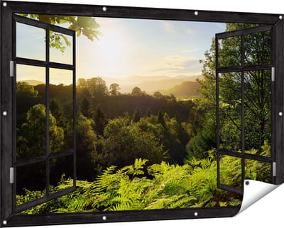 Gards Tuinposter Doorkijk Zonsondergang vanuit een Bos - 150x100 cm - Tuindoek - Tuindecoratie - Wanddecoratie buiten - Tuinschilderij