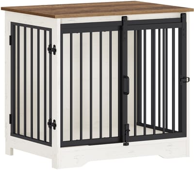 Hondenbench Meubel – Voor Binnen – 69 cm Hondenbox met 2 Deuren, Te Gebruiken als Bijzettafel – Wit/Bruin