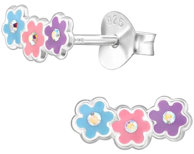 Joy|S - Zilveren bloem oorbellen - 3 bloemetjes roze blauw en paars - 9.5 x 4 mm - sterling zilver 925 - oorknoppen - kinderoorbellen