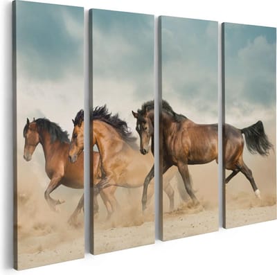 Artaza Canvas Schilderij Vierluik Drie Bruine Paarden - 80x60 - Foto Op Canvas - Canvas Print