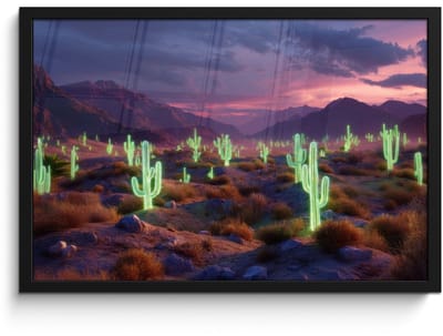 Poster in lijst - Fotolijst 60x40 cm - Posters - Neon cactussen - Woestijn - Zonsondergang - Posterlijst zwart - Decoratie - Wanddecoratie woonkamer - Muurdecoratie slaapkamer