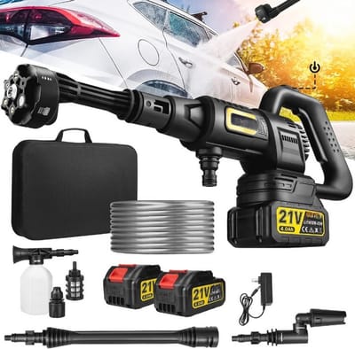 6-in-1 Accuhogedrukreiniger - Hogedrukspuit - Draagbare Terrasreiniger - Elektrische Straalsproeierpistoolkit - Krachtige Borstelloze Motor - 2x 4.0 Ah & Oplader - voor Auto - Tuin - Huisdier - Terras - Reiniging - Zwart