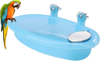 Vogelbad met spiegel voor papegaaien - Leuk huisdieren vogelbad met spiegel - Vogelbadbox - Vogelkooi speelgoedaccessoires - Blauw .