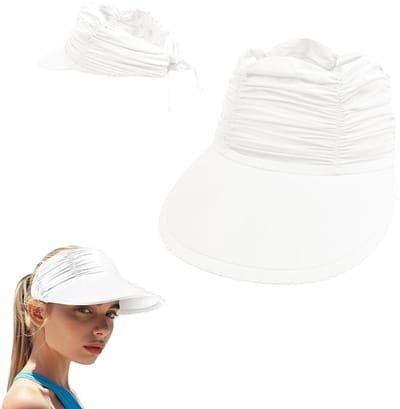 KZQ Dameszonnehoed - Brede rand, verstelbaar, opvouwbaar, met ondersteuning voor een paardenstaart - Geschikt voor strand, golf en sport - Hoofdomtrek 52-62 cm-Wit