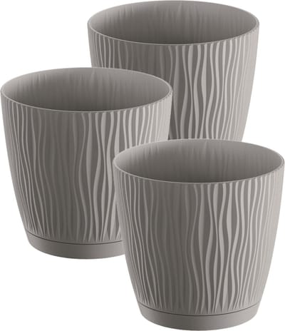 Prosperplast Plantenpot/bloempot Waves - 3x stuks - kunststof - steengrijs - D24 x H23 cm - binnen/buiten - met opvangschaal